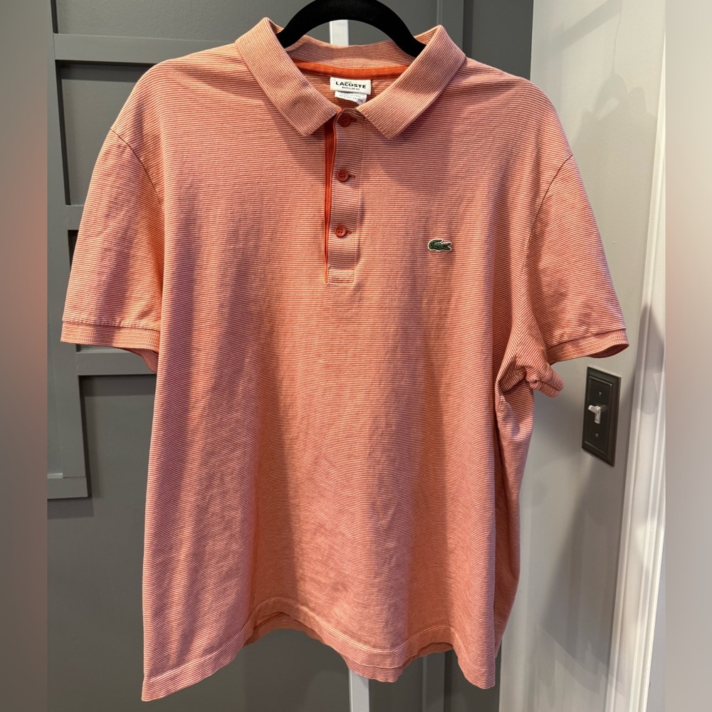 LACOSTE Regular Fit Polo Shirt Mens 7 XXL Orange White Stripe 100% Cotton F8330